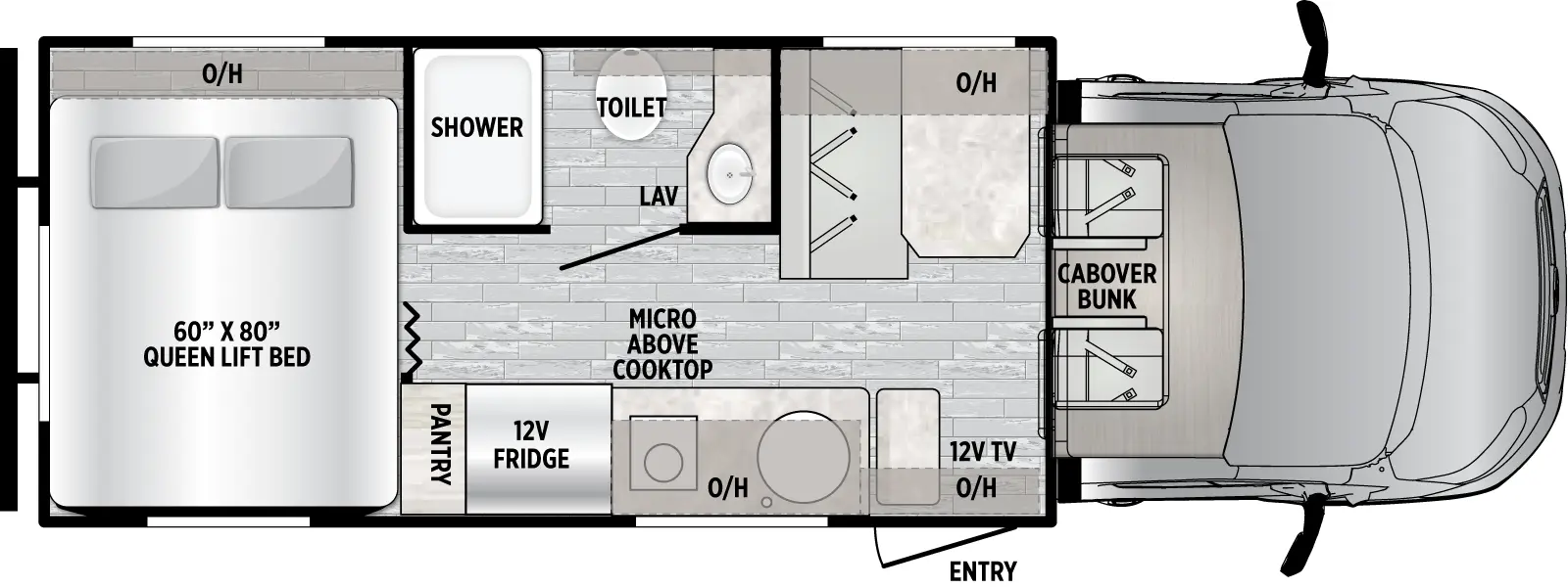 The Alita 22NF floorplan has one entry and zero slide outs. Interiors features include: rear bedroom and bunk over cab.